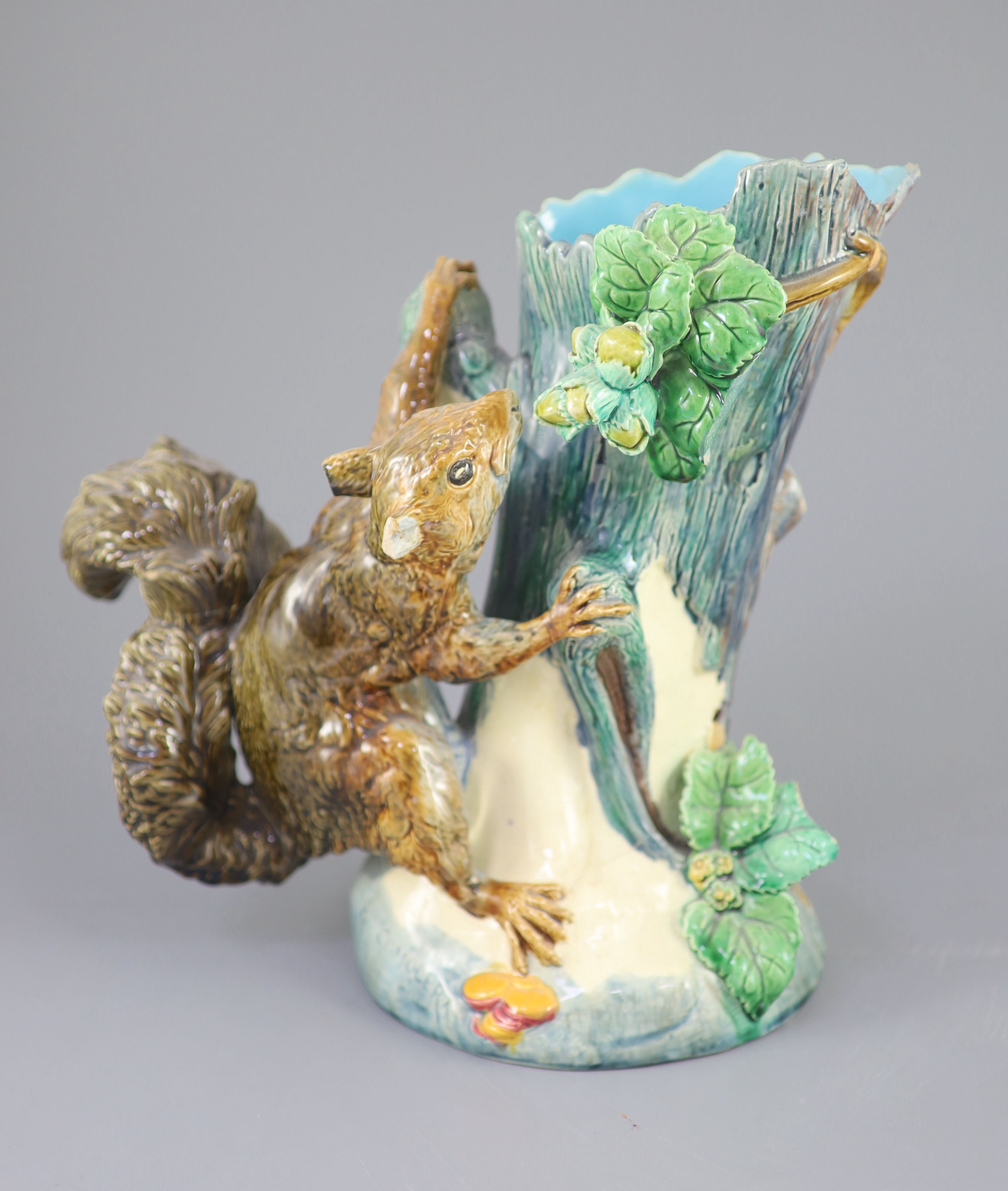 A rare Mintons majolica squirrel vase, modelled by Paul Comolera, 28cm high